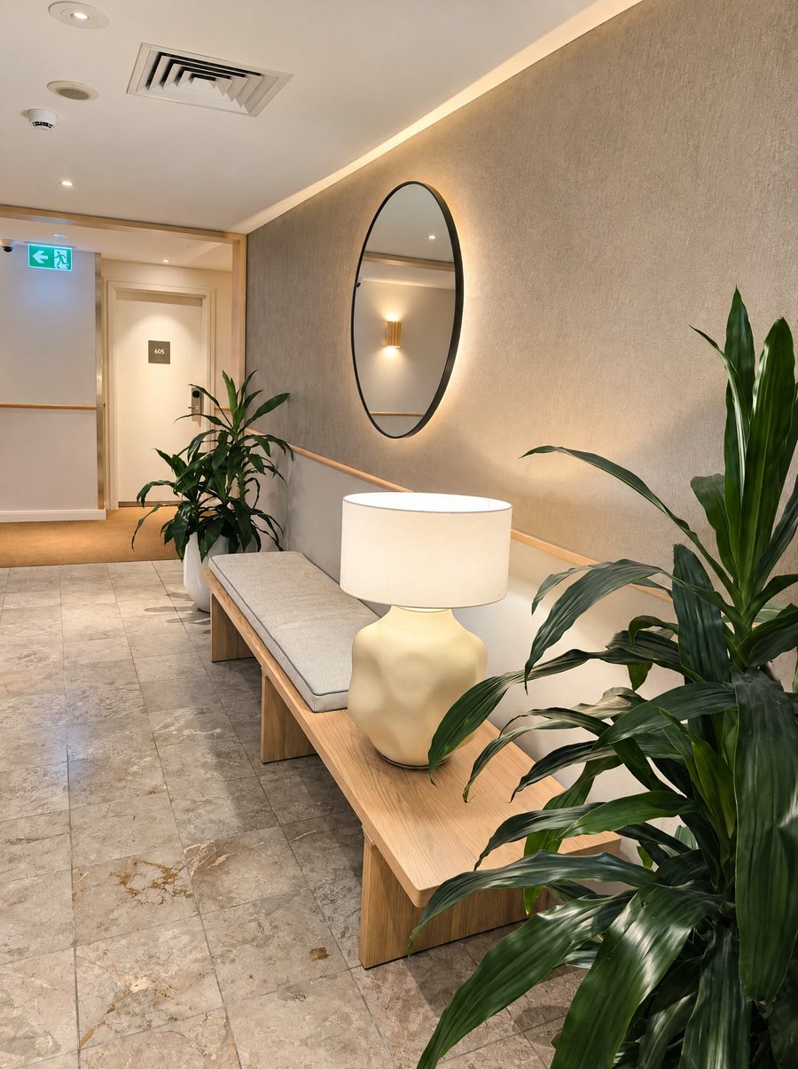 Adina Sydney Darling Harbour, lift lobby with a timber bench, a ceramic table lamp, an oval mirror and potted palms on a stone floor