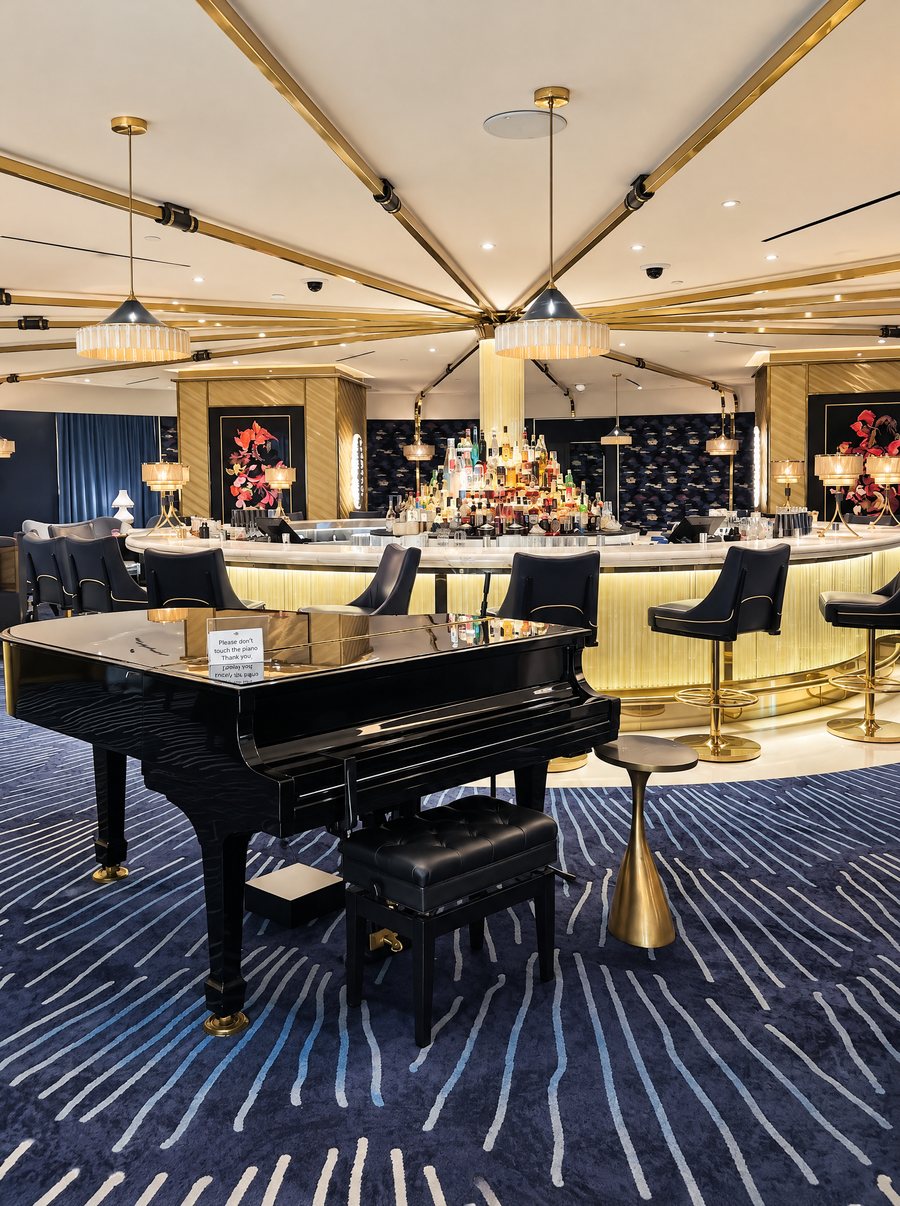 Fontainebleau Las Vegas, a grand piano in front of a round, lit bar