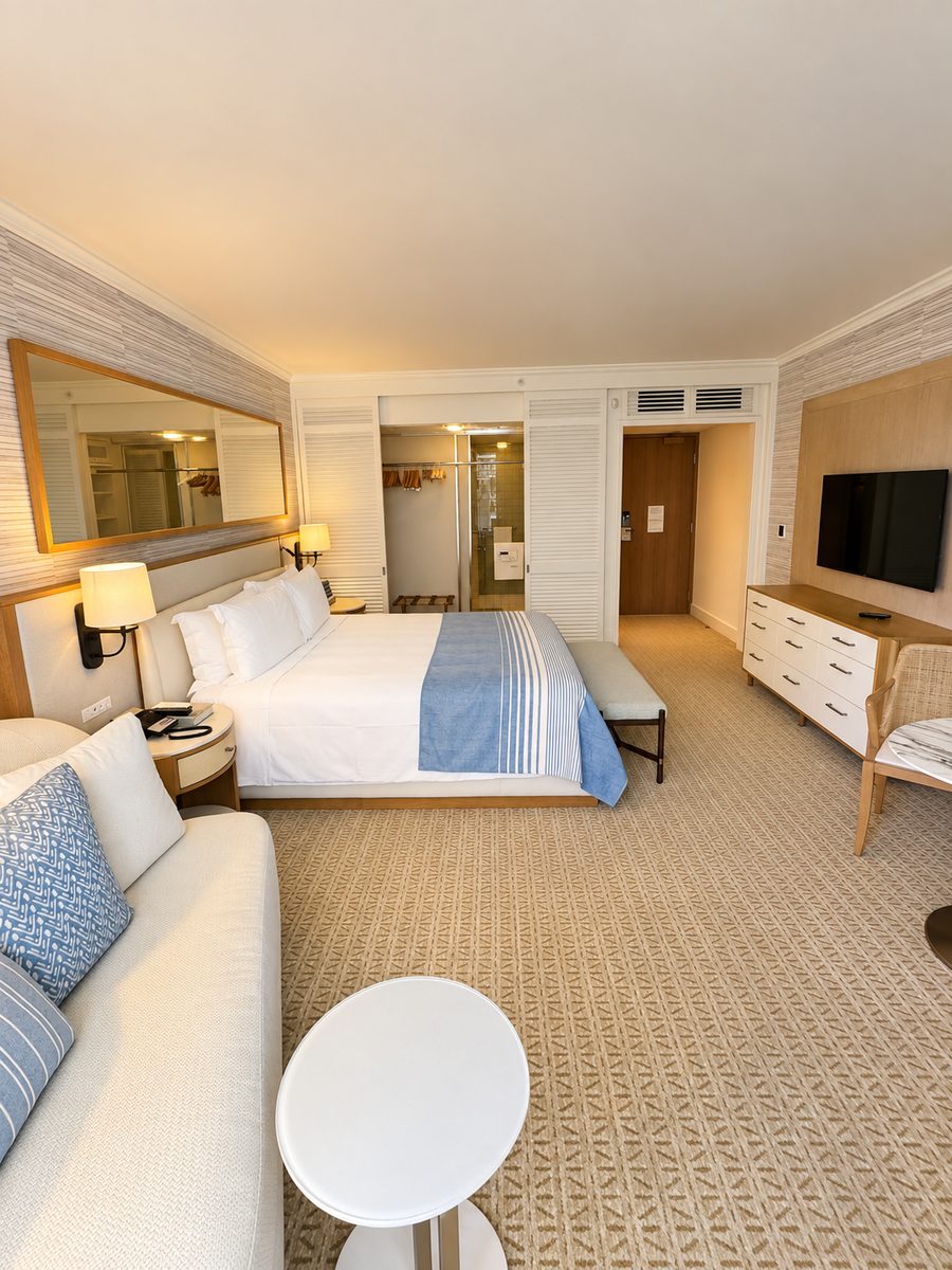Halekulani, a guest room with a king bed, a sofa and louvred wardrobe doors