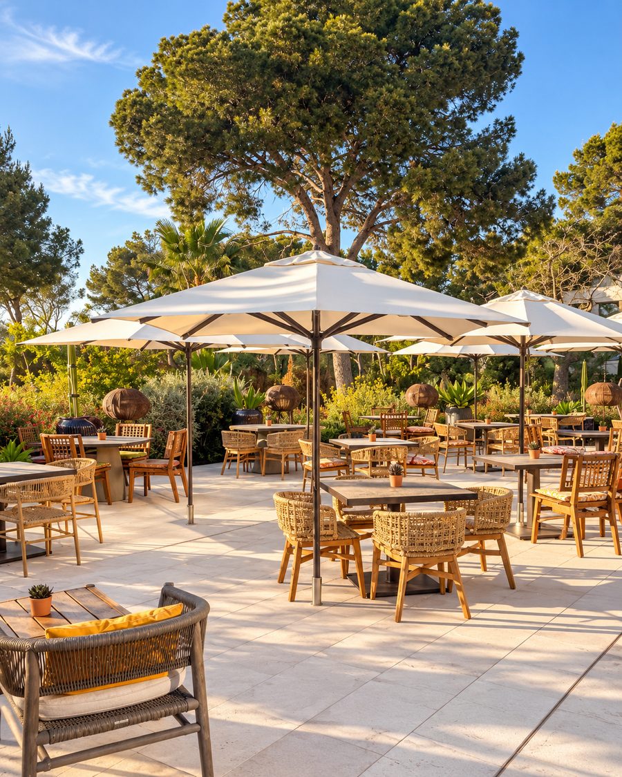 Kimpton Aysla Mallorca, outdoor dining terrace with woven chairs under white umbrellas and pine trees