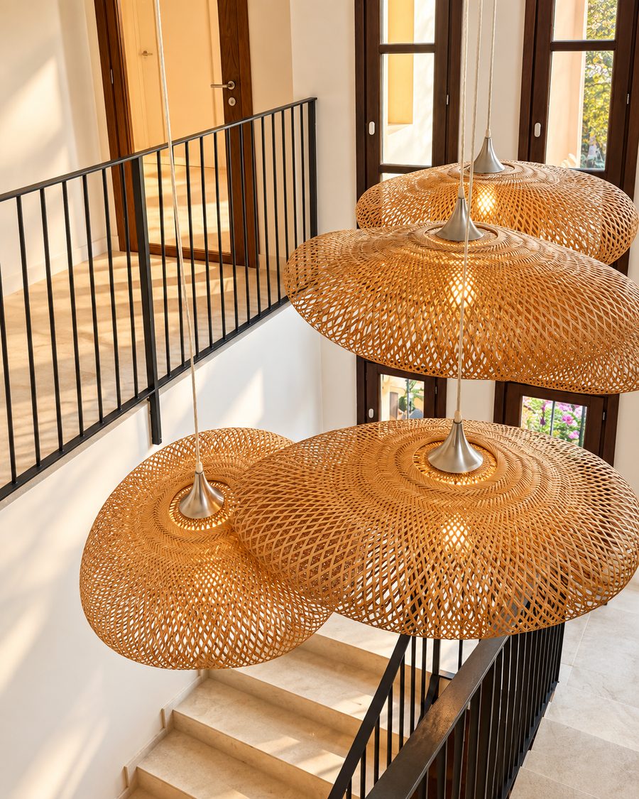 Kimpton Aysla Mallorca, woven cane pendant lights hanging in a stairwell