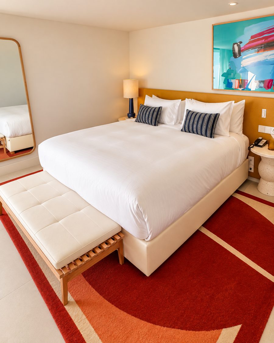 Kimpton Los Monteros Marbella, guest room with a king bed, an ochre headboard and a red and orange rug