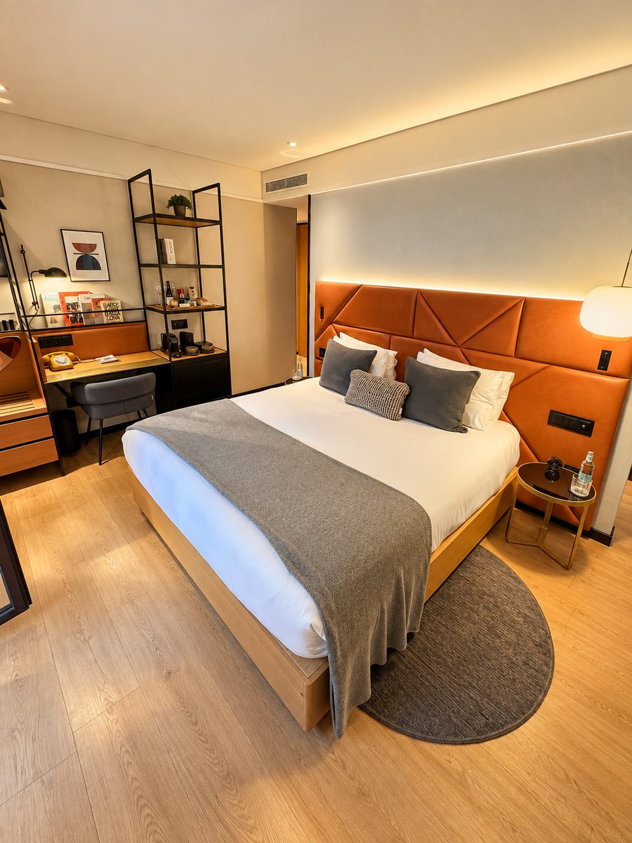 Kimpton Vividora Barcelona, guest room with a double bed under a tan leather headboard, a desk and open shelving