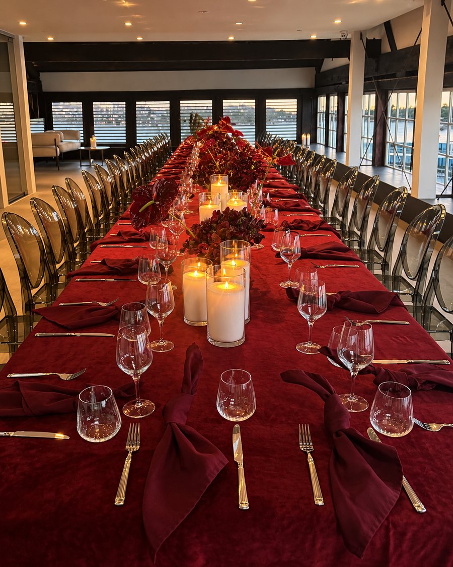 Pier One Sydney Harbour, long banquet table dressed in red velvet with candles
