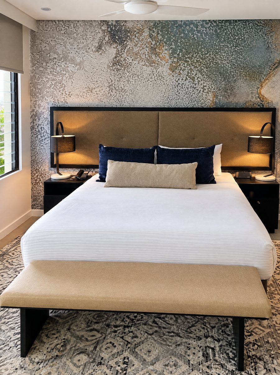 Pullman Port Douglas Sea Temple Resort & Spa, king bed with navy and oatmeal cushions, lamps on a lit upholstered headboard against a metallic textured feature wall, a bench at the foot
