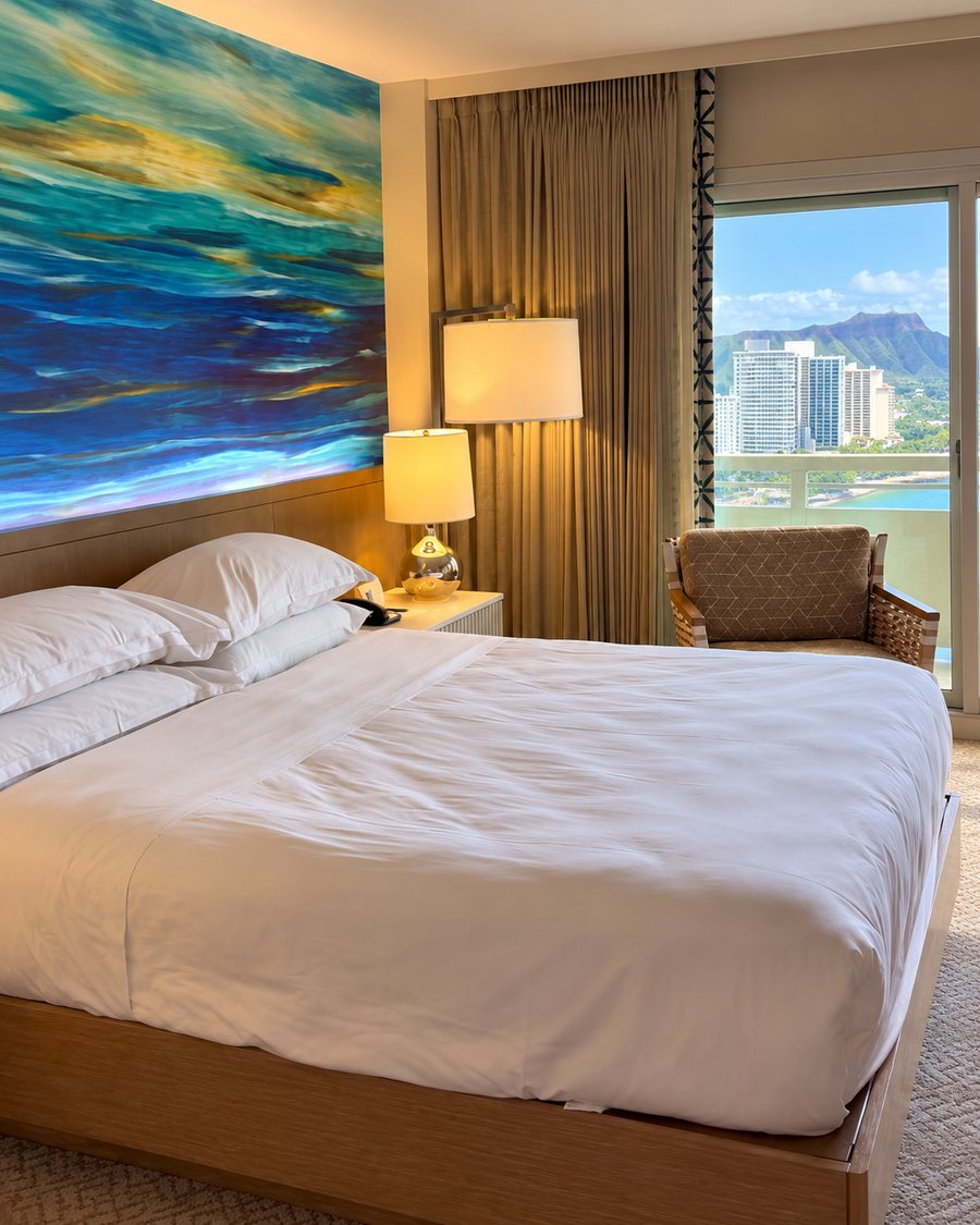 Sheraton Waikiki Beach Resort, guest room with Diamond Head through the window