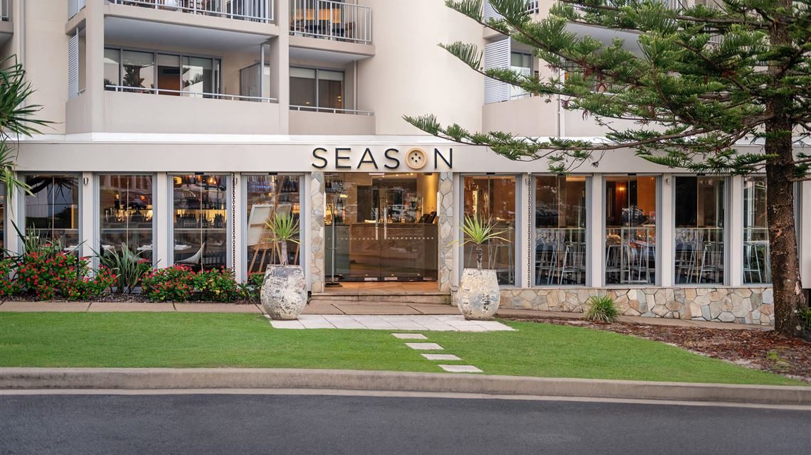 Mantra on Salt Beach, the street frontage under Norfolk pines