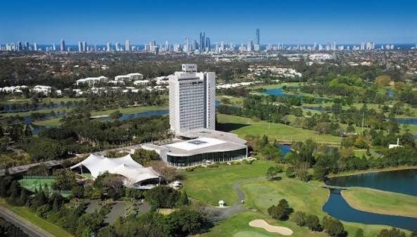 RACV Royal Pines Resort, the hotel tower and conference centre on the golf course